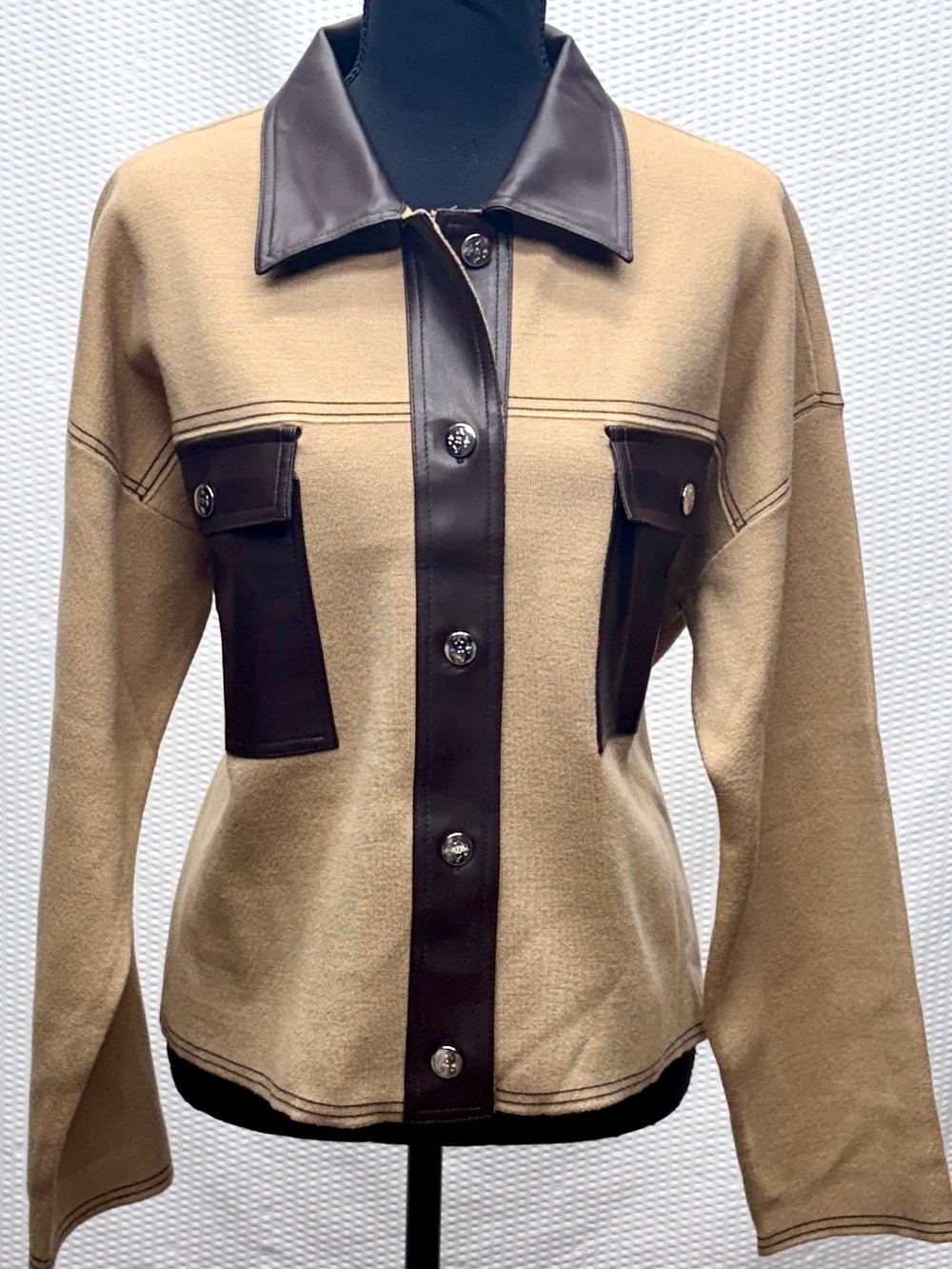Nanette Lepore NWT Knit Shacket XL Camel Chocolate Fuux Leather Trim